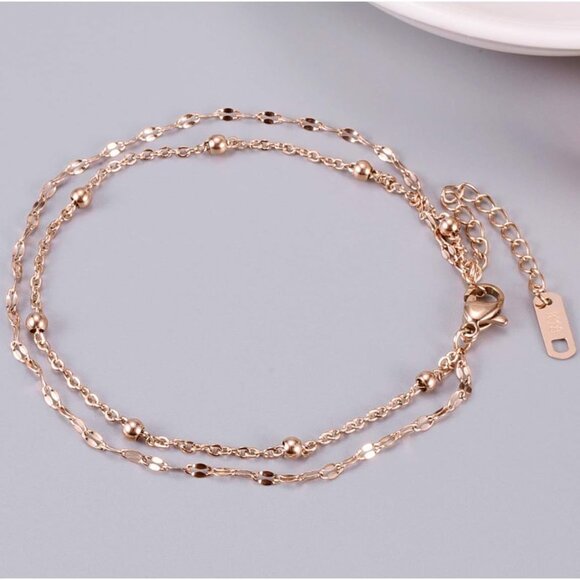 RoseGold Ankle Bracelets for Women - Adjustable Layered Anklets - RoseGold Plate - Picture 2 of 8